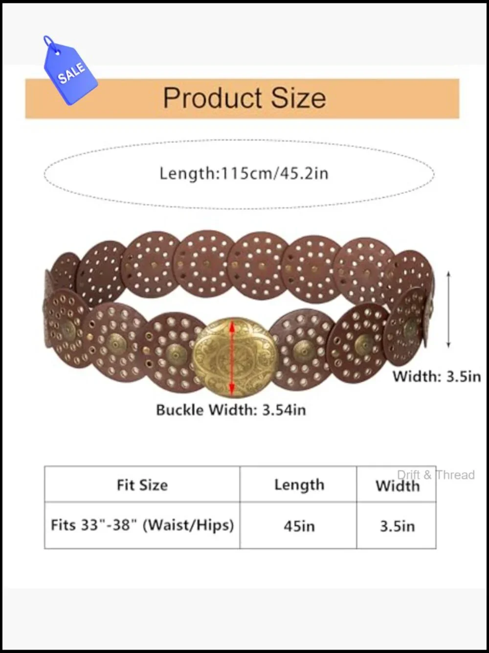 Wide Western Disc Belt with Concho Buckle Faux Leather Women's